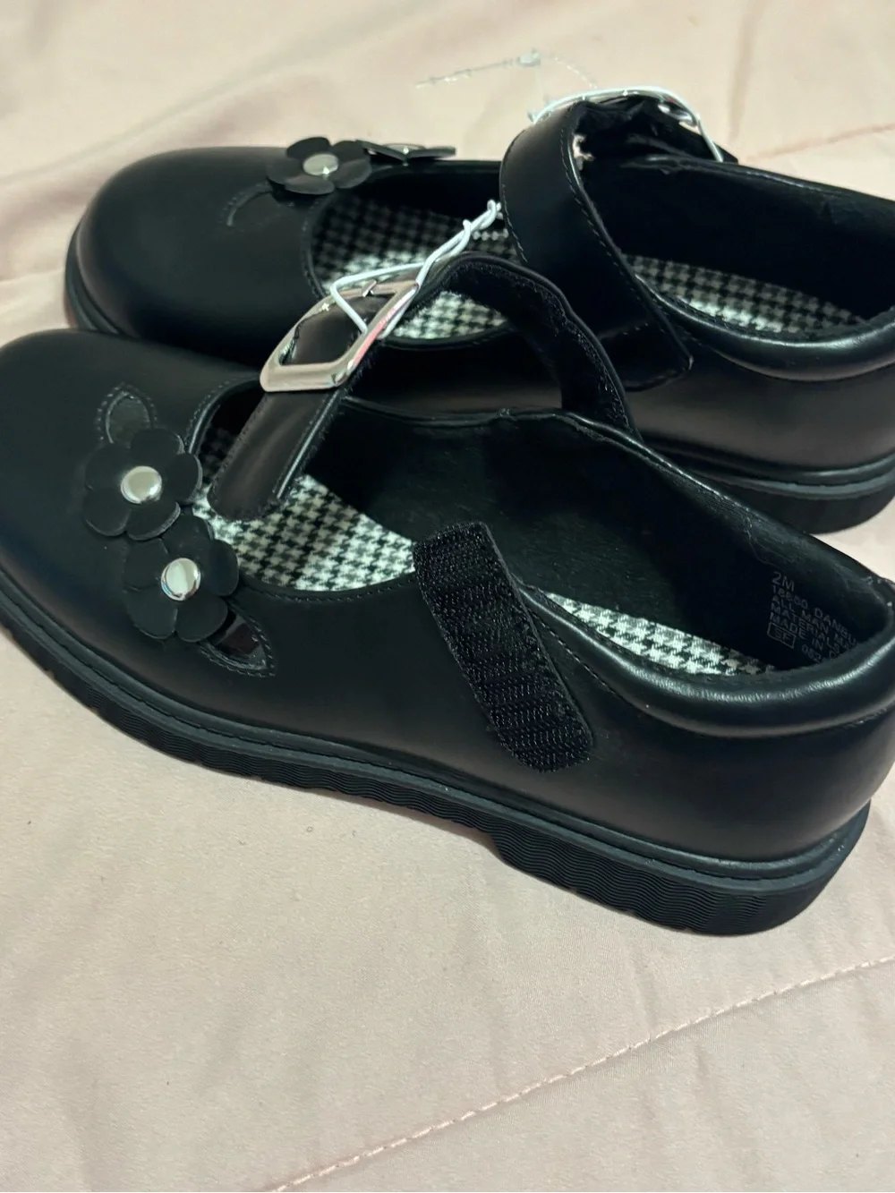 Rachel Black Patent Mary Jane Shoes with Floral Accents
